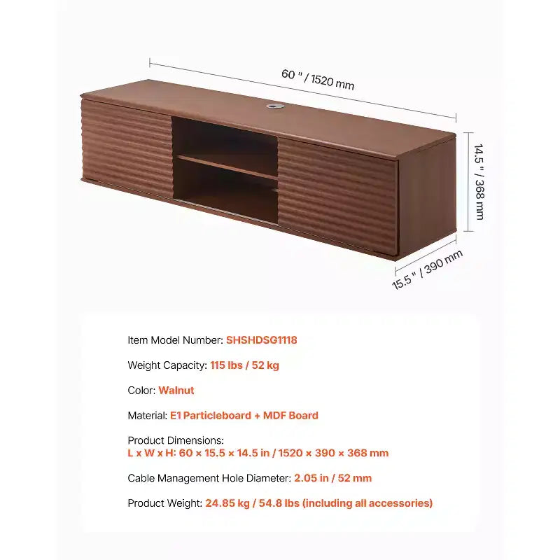 Meuble TV suspendu, Meuble TV mural de 152 cm avec étagère réglable et portes coulissantes, 2 niveaux, Marron