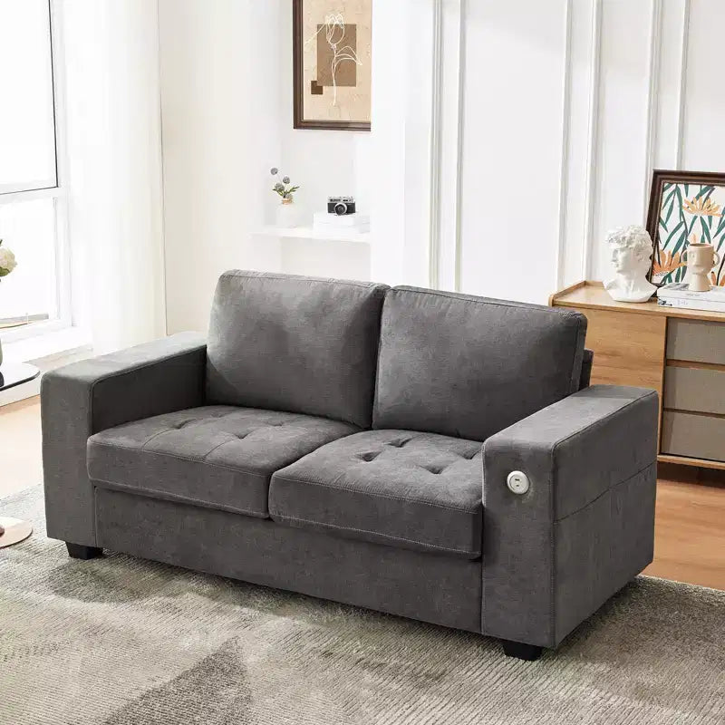 Canapé deux places en chenille avec accoudoirs larges et coussins amovibles