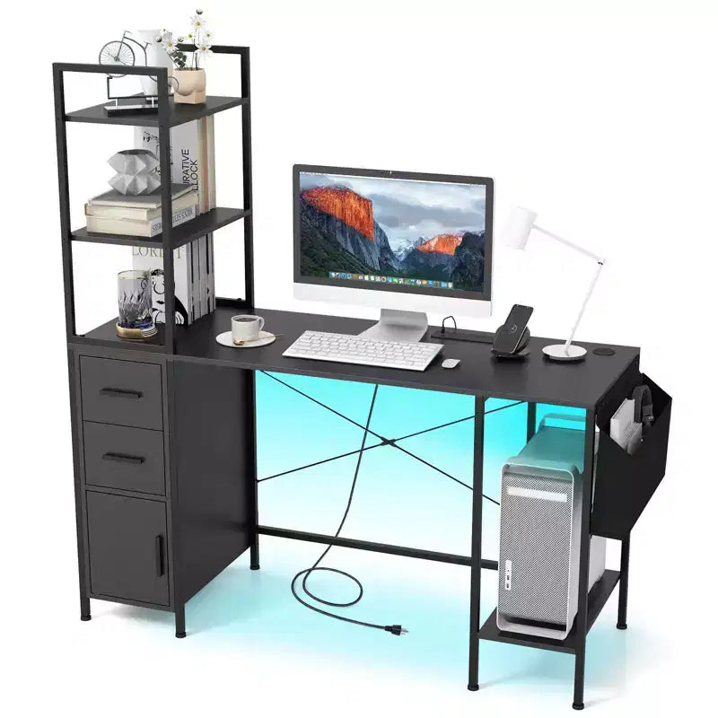 Costway Office Desk with LED Lights & Power Outlets Open Shelves 2 Drawers Cabinet
