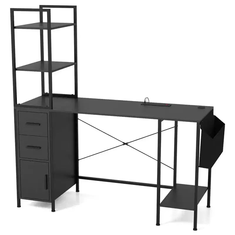 Bureau avec lumières LED et prises de courant, étagères ouvertes, 2 tiroirs et placard