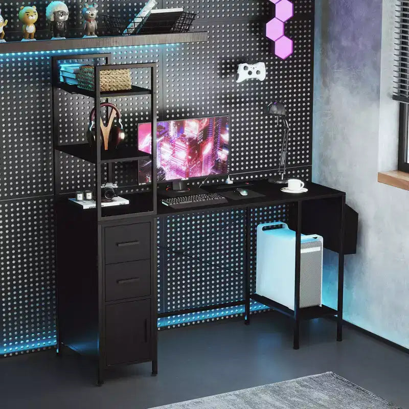 Bureau avec lumières LED et prises de courant, étagères ouvertes, 2 tiroirs et placard