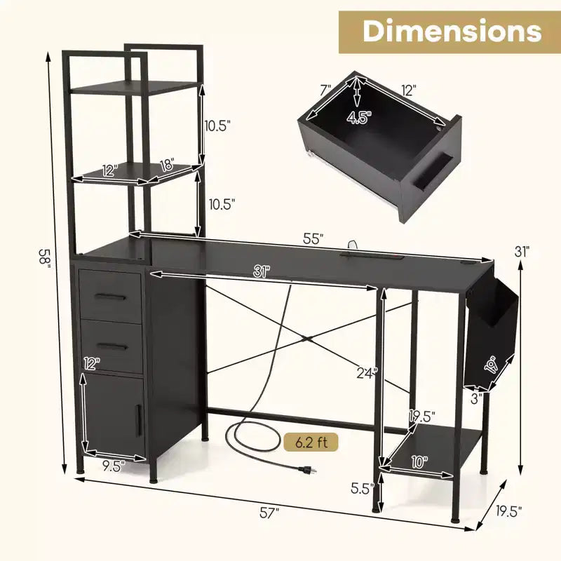 Bureau avec lumières LED et prises de courant, étagères ouvertes, 2 tiroirs et placard