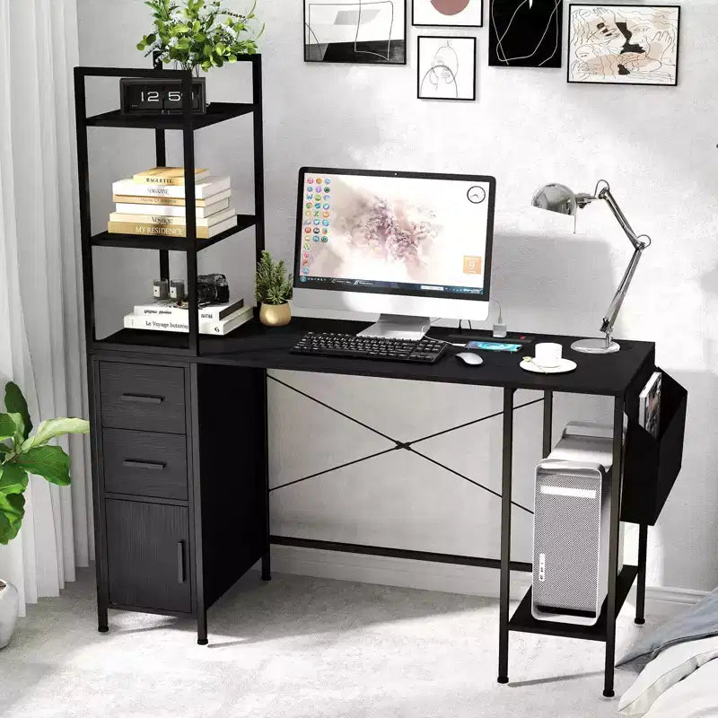 Bureau avec lumières LED et prises de courant, étagères ouvertes, 2 tiroirs et placard