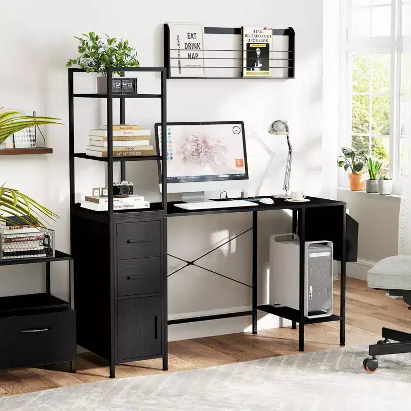 Bureau avec lumières LED et prises de courant, étagères ouvertes, 2 tiroirs et placard