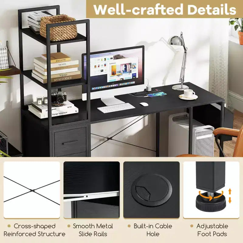 Bureau avec lumières LED et prises de courant, étagères ouvertes, 2 tiroirs et placard