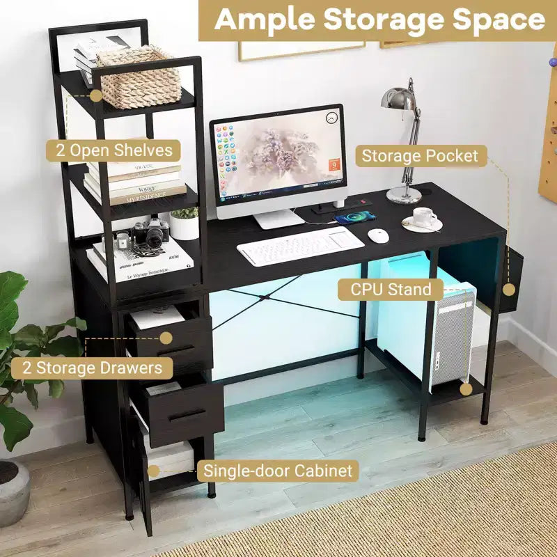 Bureau avec lumières LED et prises de courant, étagères ouvertes, 2 tiroirs et placard