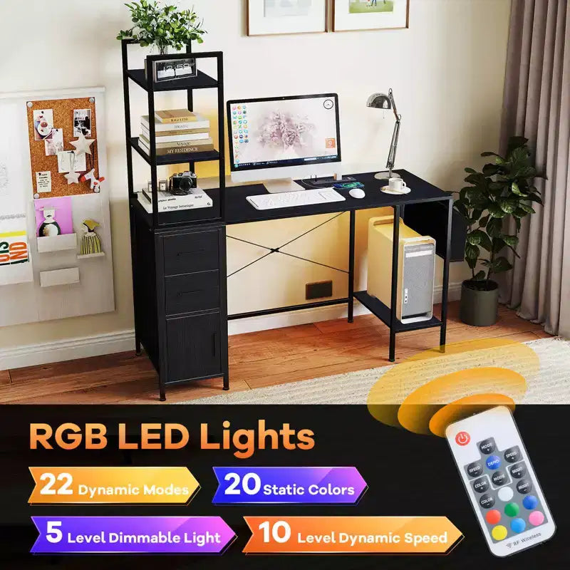 Bureau avec lumières LED et prises de courant, étagères ouvertes, 2 tiroirs et placard