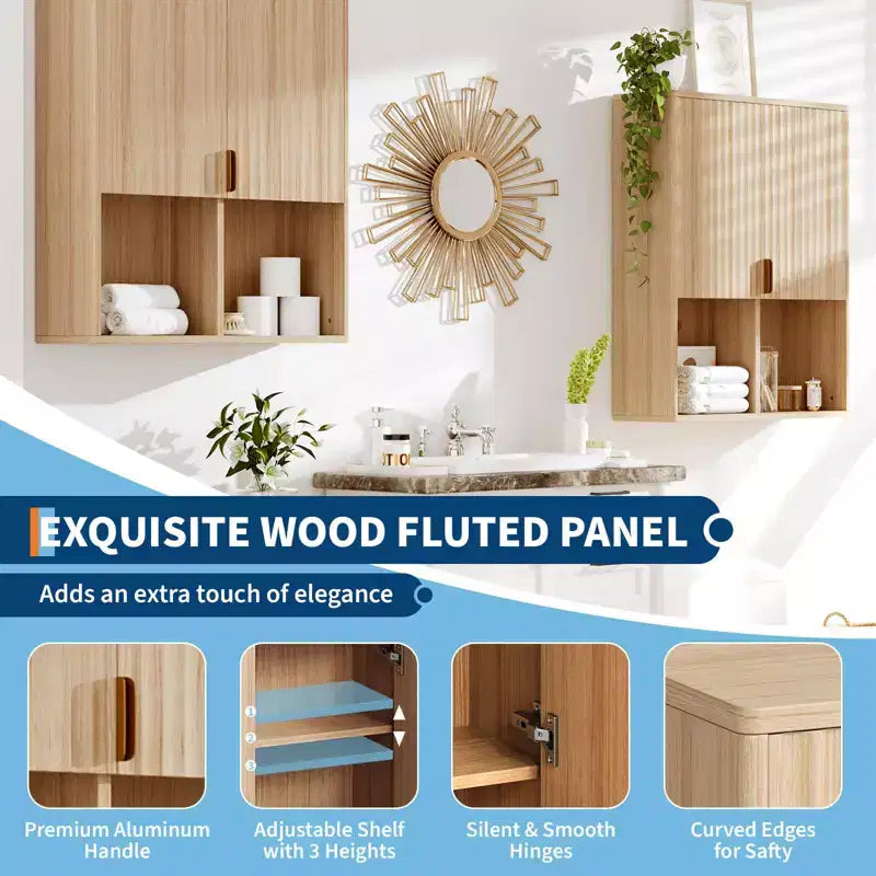Meuble mural de salle de bain en bois cannelé 58x74 cm, rangement au-dessus des toilettes avec étagère réglable et charnières amorties