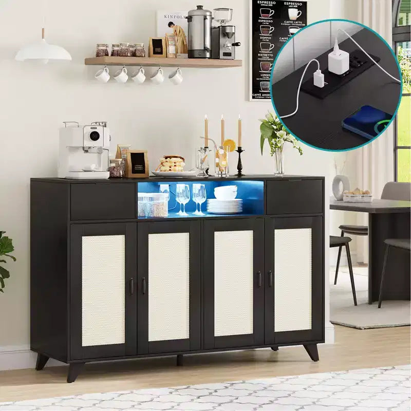 47.2 Rattan Sideboard Buffet Cabinet, 2 Drawers Accent Storage Cabinet, 4 Doors Console Table Coffee Bar With Power Outlet