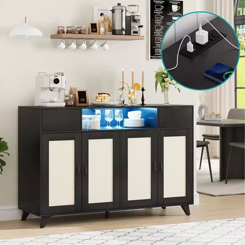 47.2 Rattan Sideboard Buffet Cabinet, 2 Drawers Accent Storage Cabinet, 4 Doors Console Table Coffee Bar With Power Outlet