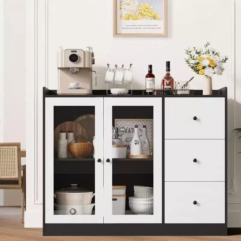 Coolmee 43 Buffet Sideboard Cabinet & Storage Chest with Guardrail Design, Adjustable Shelves & 3 Drawers for Kitchen and Dining Room