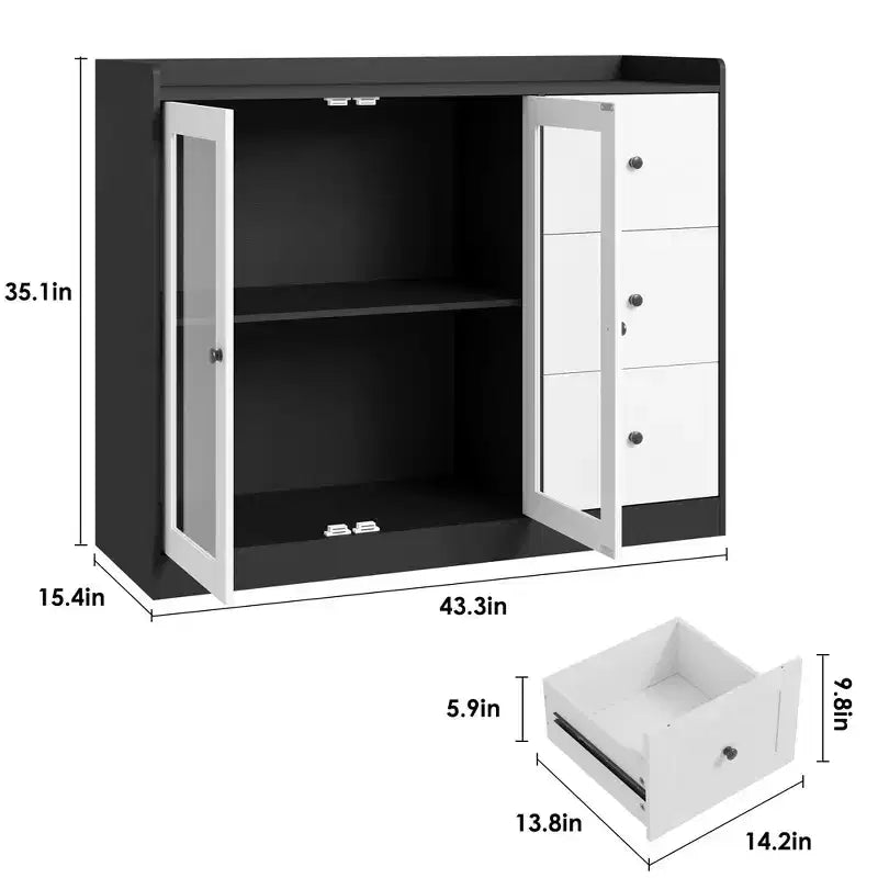 Bahut de buffet et commode de rangement de 43" avec garde-corps, étagères réglables et 3 tiroirs pour cuisine et salle à manger