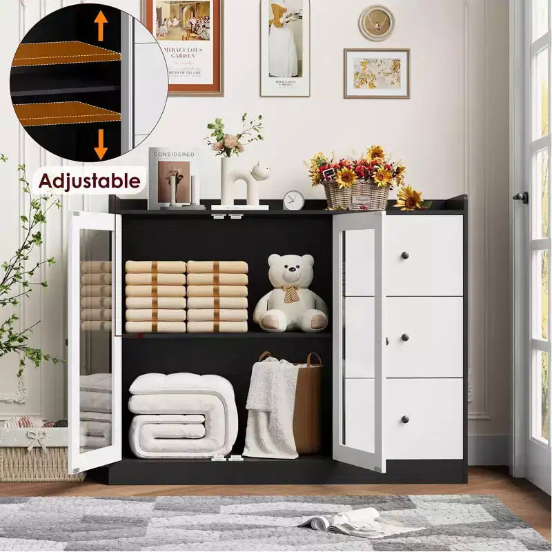 Bahut de buffet et commode de rangement de 43" avec garde-corps, étagères réglables et 3 tiroirs pour cuisine et salle à manger