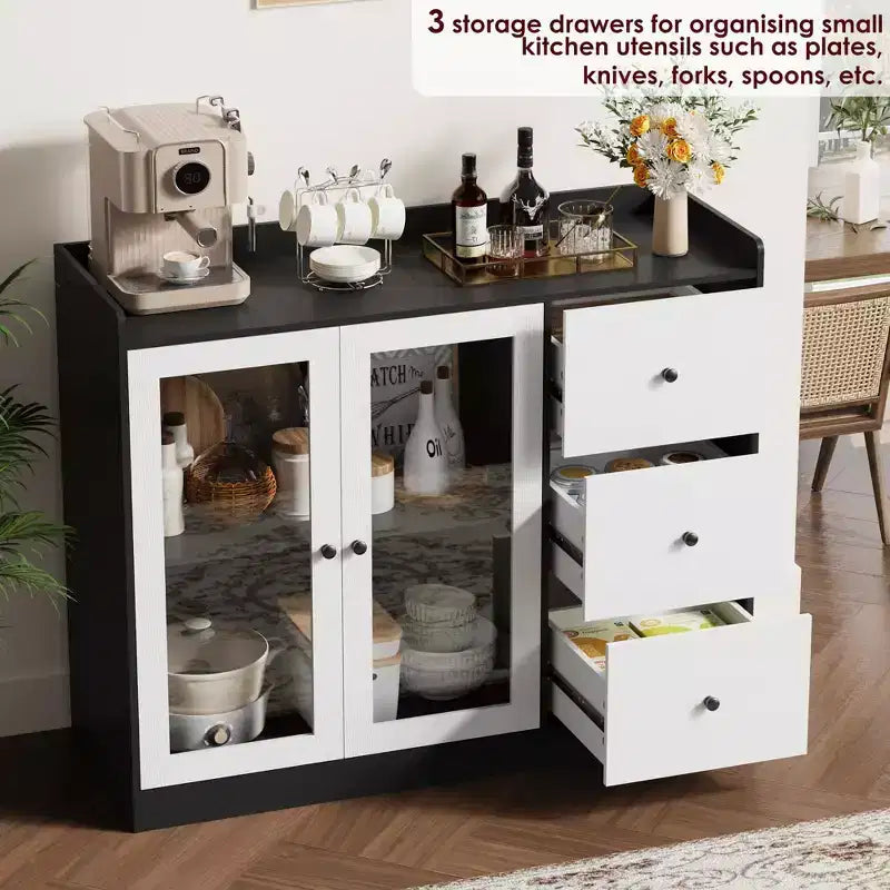 Bahut de buffet et commode de rangement de 43" avec garde-corps, étagères réglables et 3 tiroirs pour cuisine et salle à manger