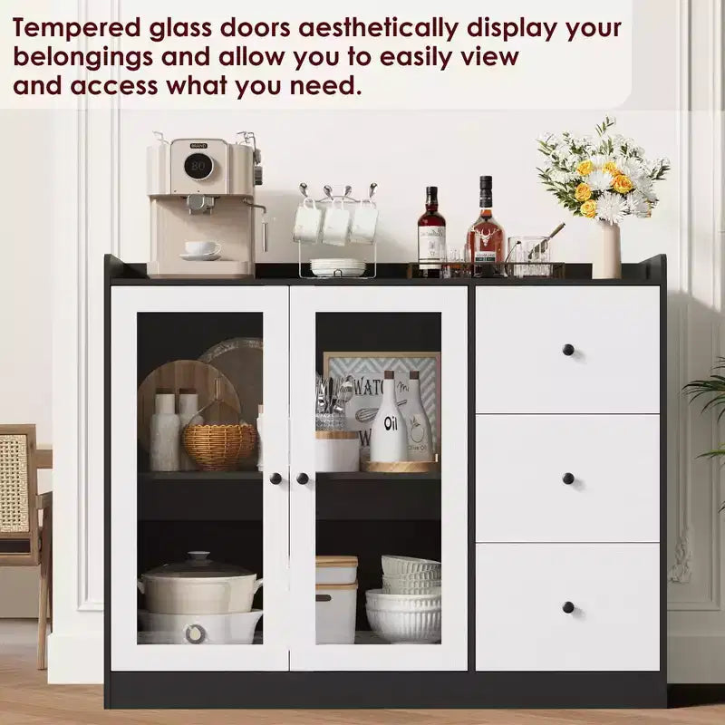 Bahut de buffet et commode de rangement de 43" avec garde-corps, étagères réglables et 3 tiroirs pour cuisine et salle à manger