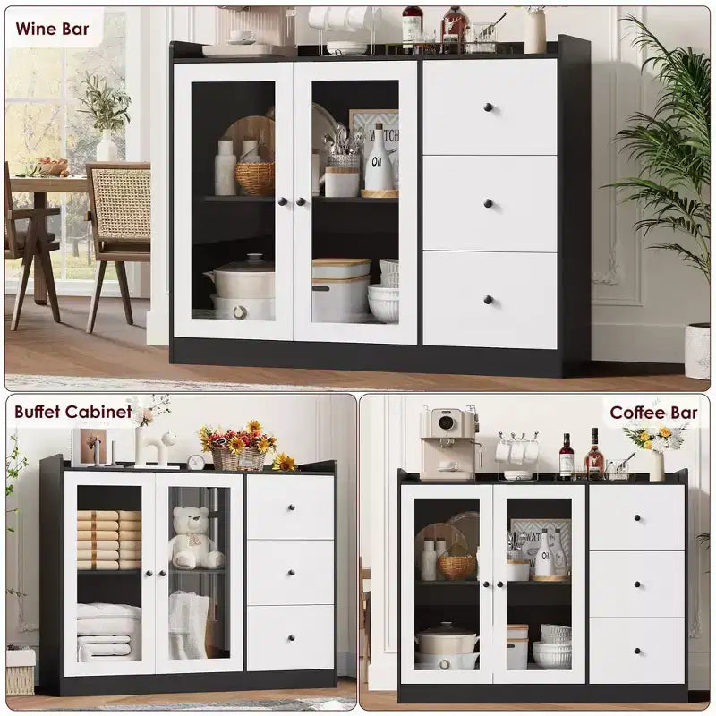 Bahut de buffet et commode de rangement de 43" avec garde-corps, étagères réglables et 3 tiroirs pour cuisine et salle à manger