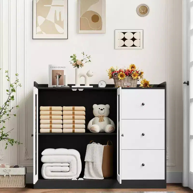 Bahut de buffet et commode de rangement de 43" avec garde-corps, étagères réglables et 3 tiroirs pour cuisine et salle à manger