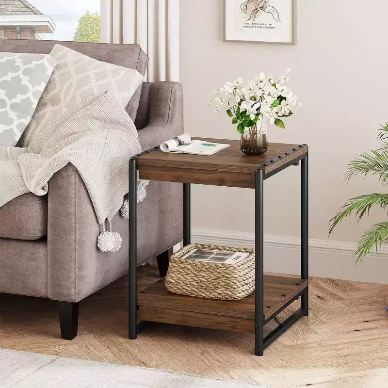Table d'appoint de ferme carrée de 20 pouces avec étagère de rangement à 2 niveaux