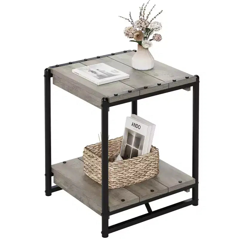 20'' Large Square Farmhouse Wood Storage End Table with 2 Tier Shelf- Modern Metal Frame Bed Couch Sofa Side Table/NightstandAccent Furniture