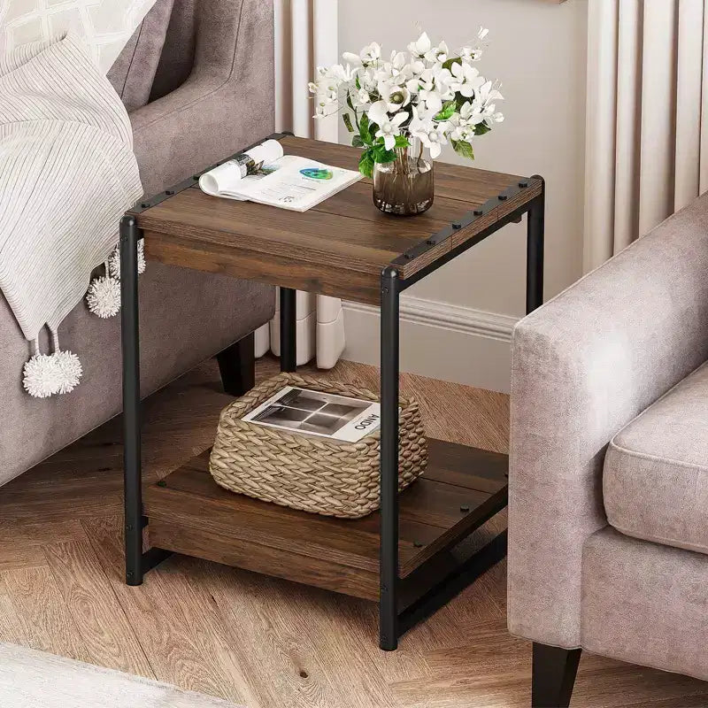 Table d'appoint de ferme carrée de 20 pouces avec étagère de rangement à 2 niveaux