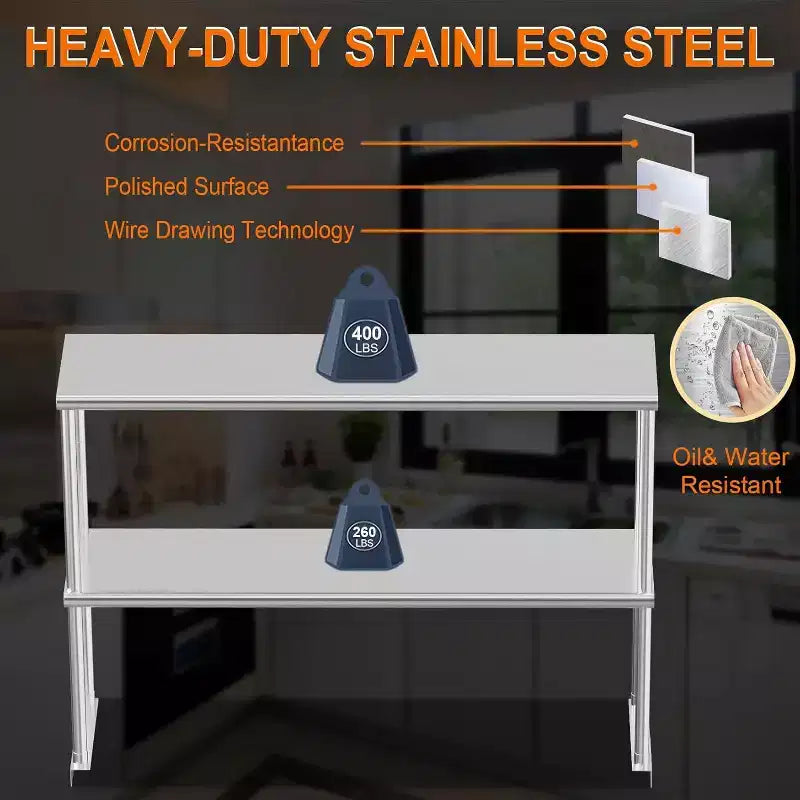 Étagère supérieure réglable en acier inoxydable de 48 po à 2 niveaux pour tables de préparation et plans de travail de cuisine