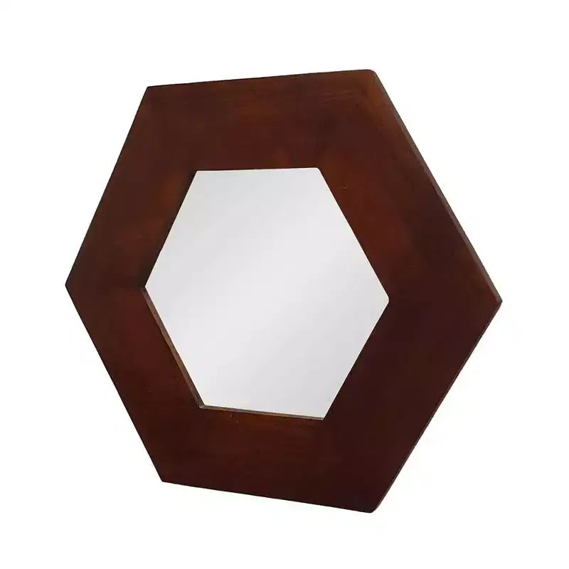 Miroir d'appoint hexagonal encadré en bois massif brun foncé de 19 po