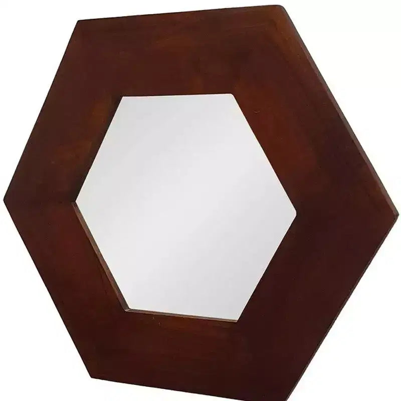 Miroir d'appoint hexagonal encadré en bois massif brun foncé de 19 po