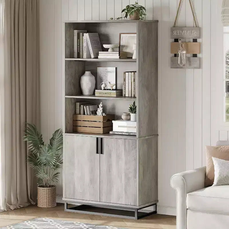 Acekool Farmhouse Bookshelf with Doors, Metal Base, 3 Open & 2 Hidden Shelves, Waterproof Scratch-Resistant,