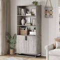 Acekool Farmhouse Bookshelf with Doors, Metal Base, 3 Open & 2 Hidden Shelves, Waterproof Scratch-Resistant,