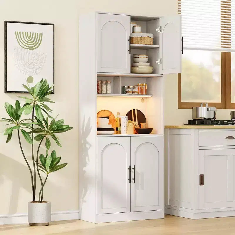 Coolmee Kitchen Bar Pantry Cabinet with RGB Light, Tall Hutch with Microwave Stand, Barn Doors and 2 Open Shelves, Cupboard for Dining Room