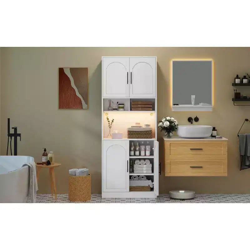 Meuble de cuisine de bar avec éclairage RVB, grande armoire avec support pour micro-ondes, portes coulissantes et 2 étagères ouvertes