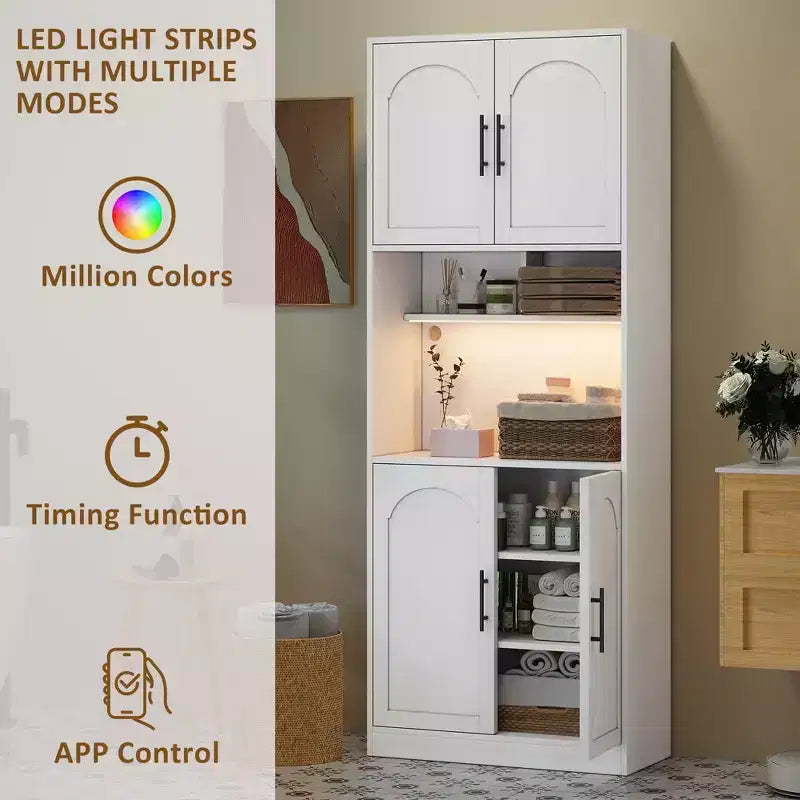 Meuble de cuisine de bar avec éclairage RVB, grande armoire avec support pour micro-ondes, portes coulissantes et 2 étagères ouvertes