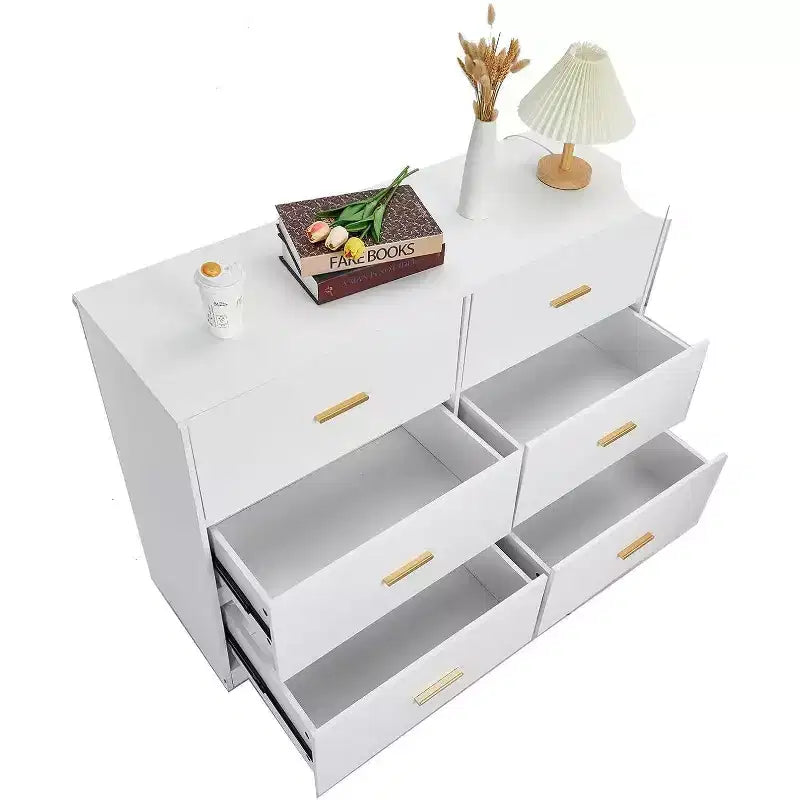 Commode double à 6 tiroirs pour chambre – Commode de 119 cm de large avec dispositif anti-basculement et poignées dorées