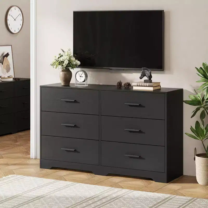 Commode double à 6 tiroirs pour chambre – Commode de 119 cm de large avec dispositif anti-basculement et poignées dorées