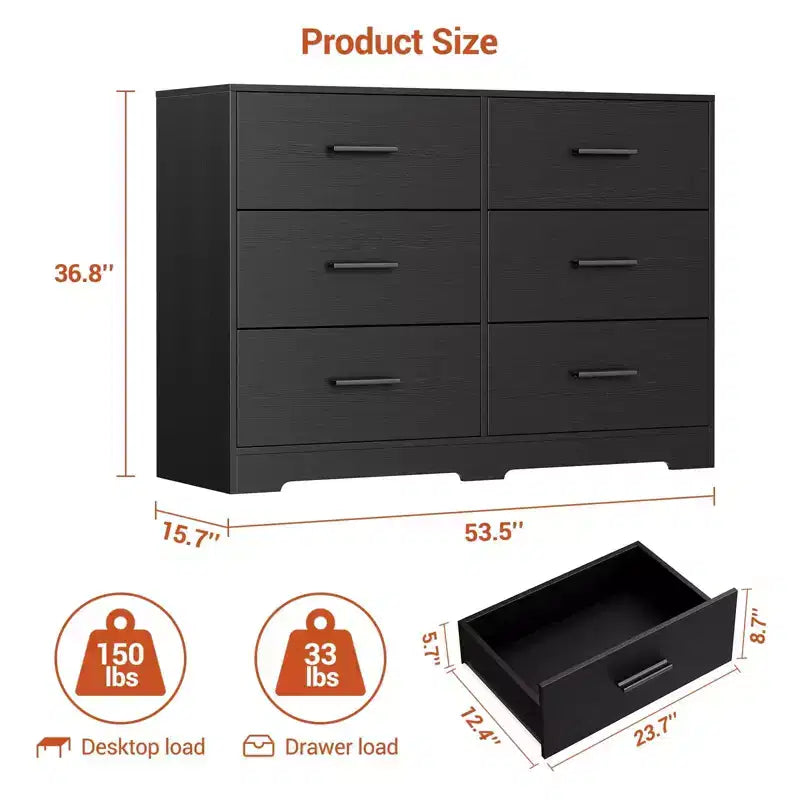 Commode double à 6 tiroirs pour chambre – Commode de 119 cm de large avec dispositif anti-basculement et poignées dorées