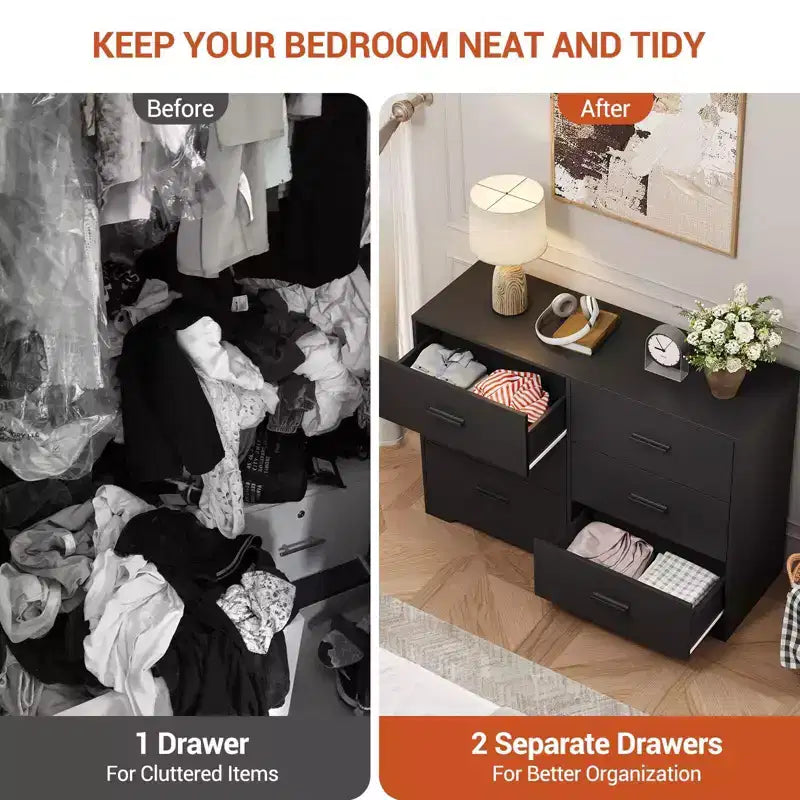 Commode double à 6 tiroirs pour chambre – Commode de 119 cm de large avec dispositif anti-basculement et poignées dorées