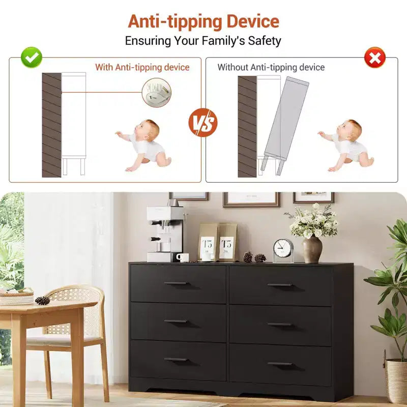 Commode double à 6 tiroirs pour chambre – Commode de 119 cm de large avec dispositif anti-basculement et poignées dorées