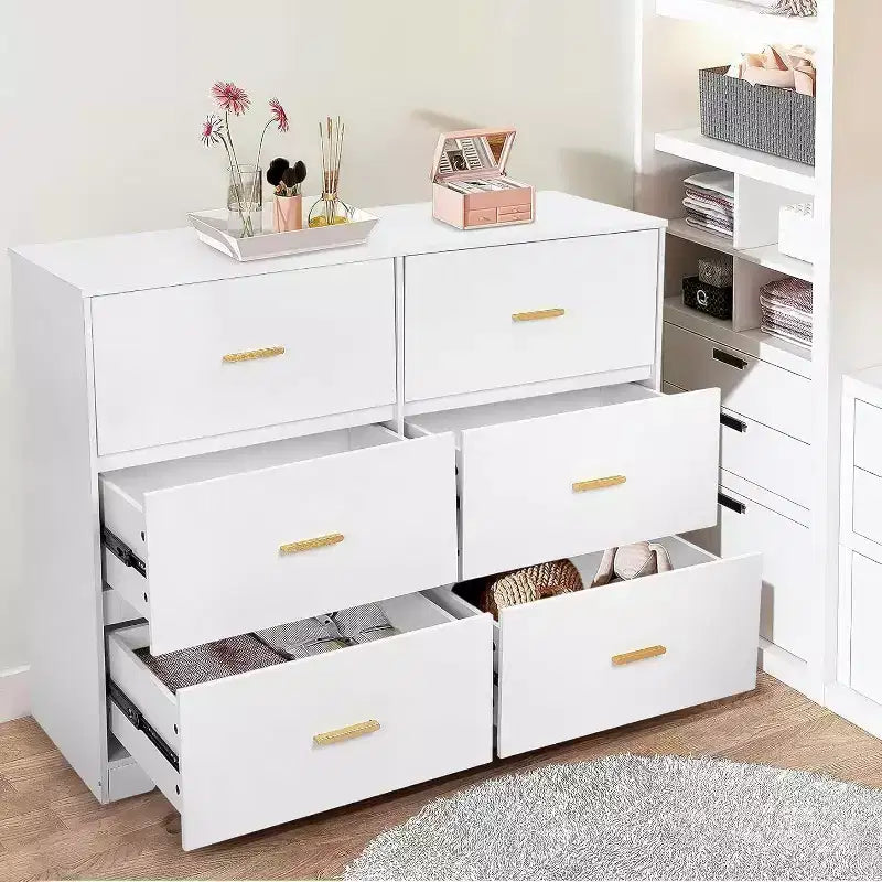 Commode double à 6 tiroirs pour chambre – Commode de 119 cm de large avec dispositif anti-basculement et poignées dorées
