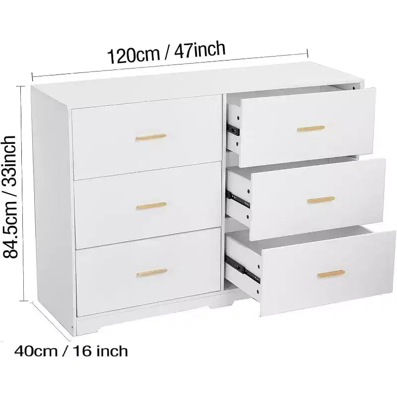 Commode double à 6 tiroirs pour chambre – Commode de 119 cm de large avec dispositif anti-basculement et poignées dorées