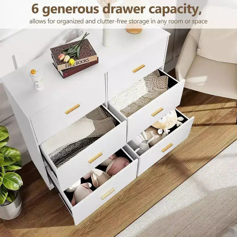 Commode double à 6 tiroirs pour chambre – Commode de 119 cm de large avec dispositif anti-basculement et poignées dorées