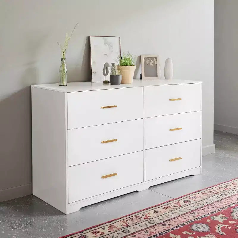 Commode double à 6 tiroirs pour chambre – Commode de 119 cm de large avec dispositif anti-basculement et poignées dorées