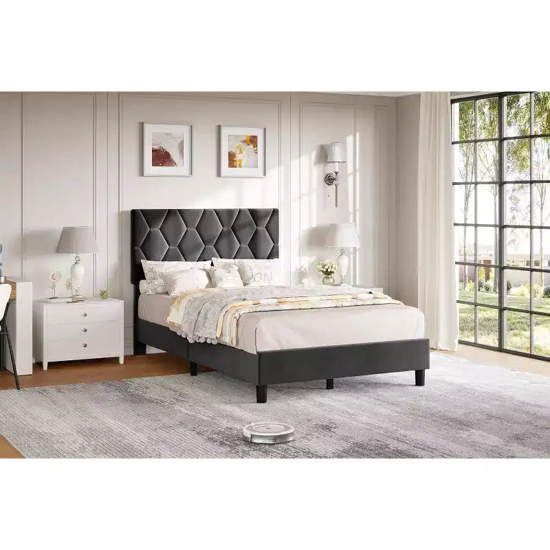 Twin XL Platform Bed Frame with Adjustable Headboard and Upholstered Headboard, Strong Wood Slat Support,Easy installation,Grey
