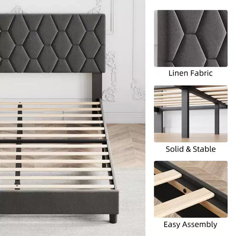 Cadre de lit plateforme Twin XL avec tête de lit capitonnée réglable, gris