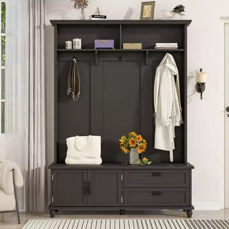 Acekool Modern Hall Tree with Storage Cabinet, 2 Large Drawers, Wide Bench & 5 Hooks, Entryway Organizer for Living Room, Black