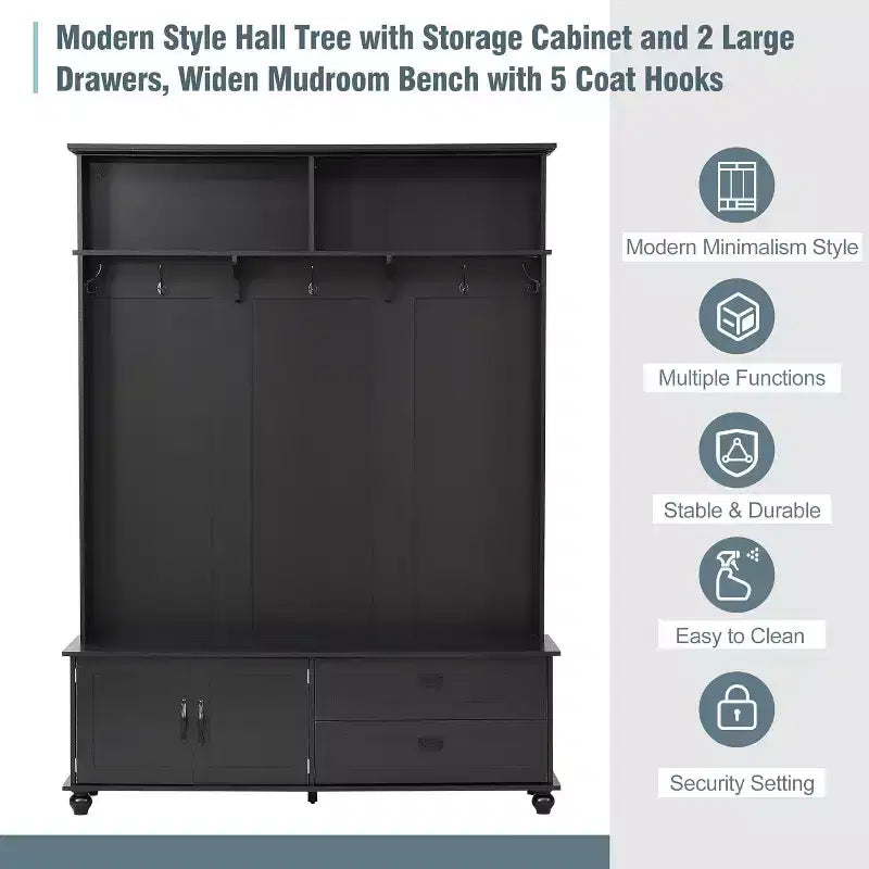 Arbre d'entrée moderne avec armoire de rangement, 2 grands tiroirs, banc large et 5 crochets, Organisateur d'entrée, Noir