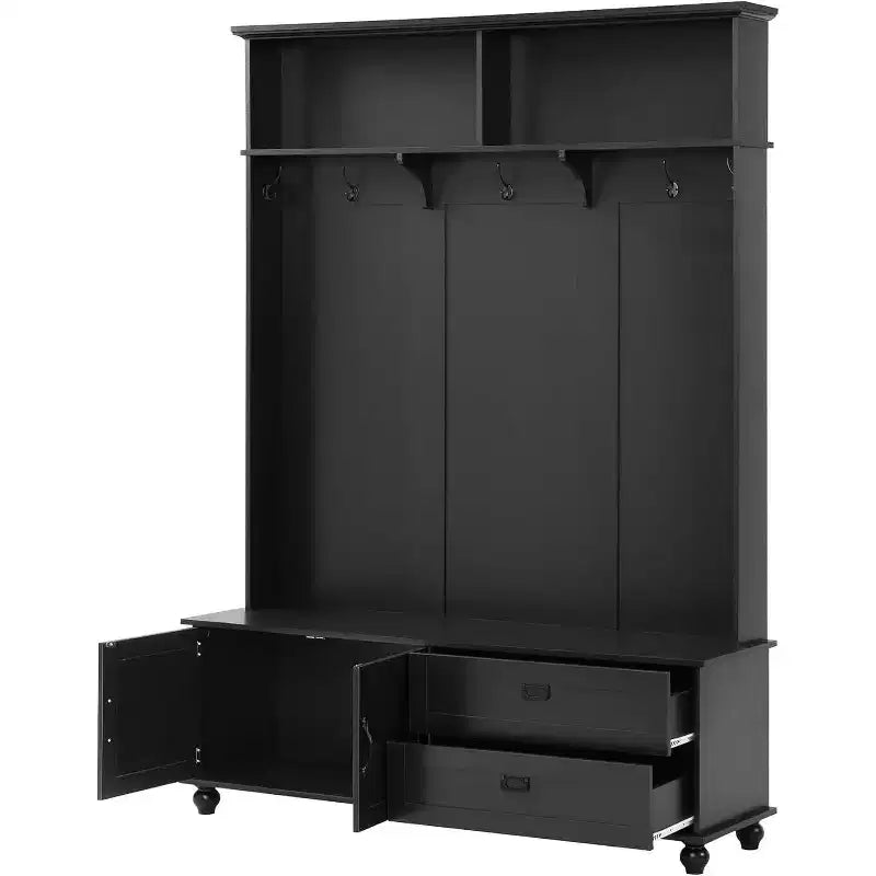 Arbre d'entrée moderne avec armoire de rangement, 2 grands tiroirs, banc large et 5 crochets, Organisateur d'entrée, Noir