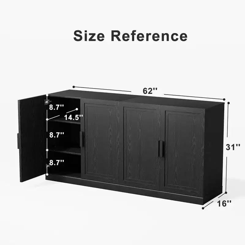 62 L x 31 H Buffet vaisselier avec étagères réglables pour cuisine, salle à manger, salon, noir