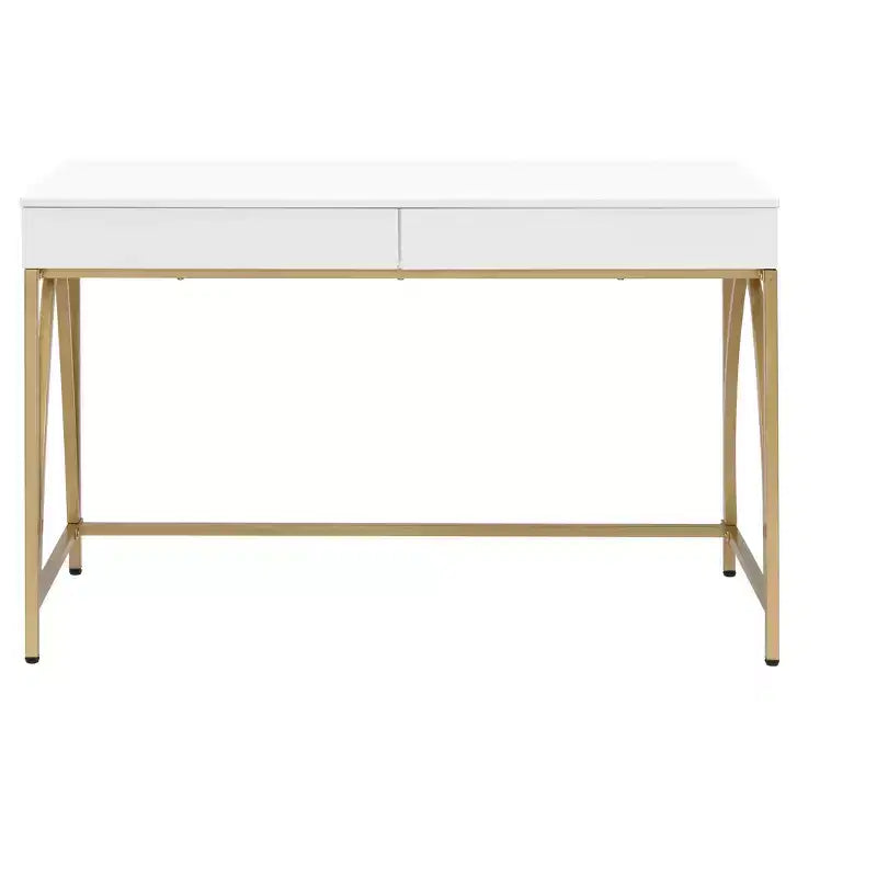 HomeRoots 50 White And Gold Wood and Steel Vanity Table With Two Drawers