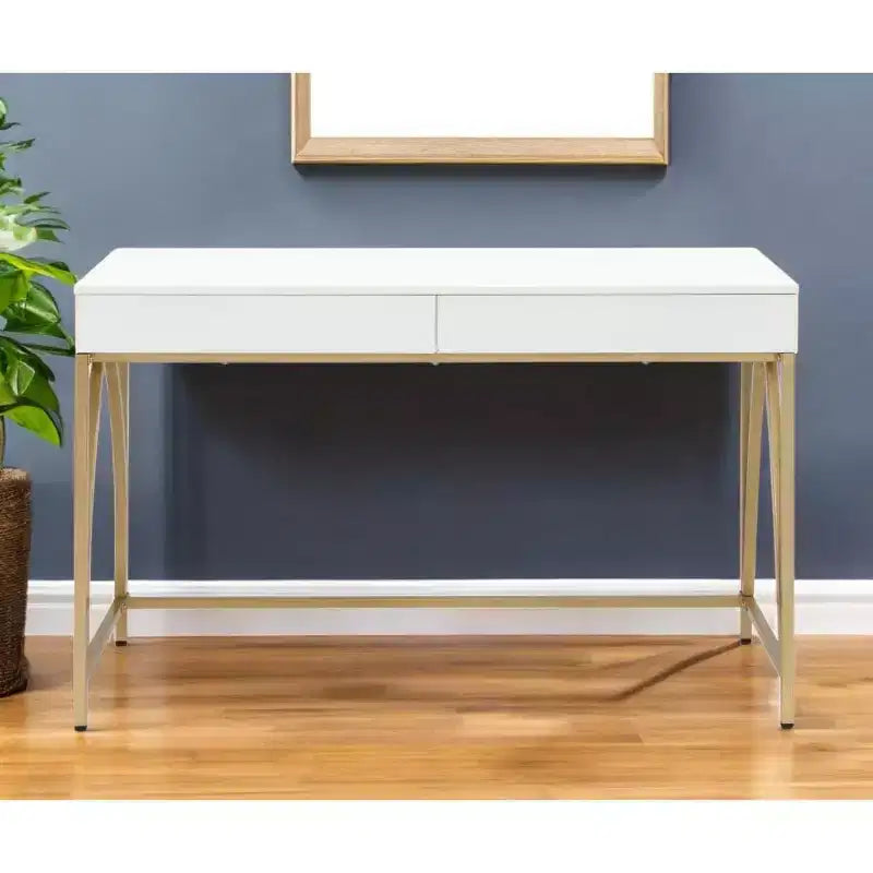 Table de toilette de 50 po en bois et acier blanc et or avec deux tiroirs