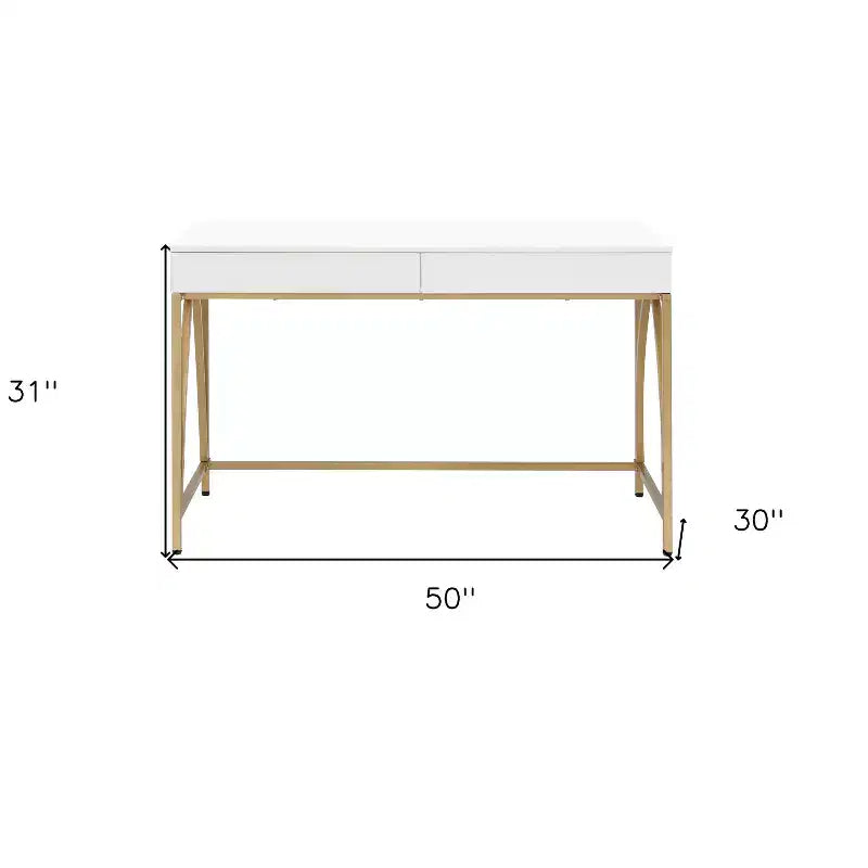 Table de toilette de 50 po en bois et acier blanc et or avec deux tiroirs